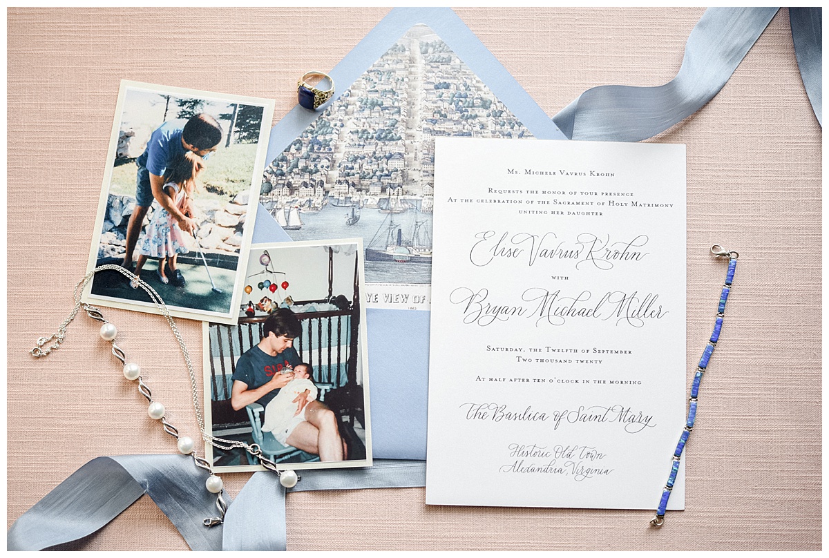Blue and white invitations for Old Town Alexandria wedding