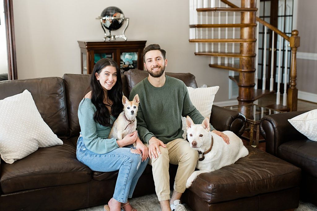 Engagement photo with dogs