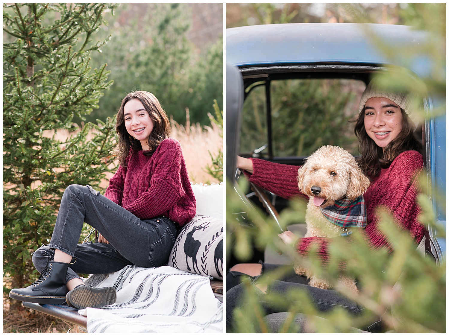 Teen and her dog in christmas portraits