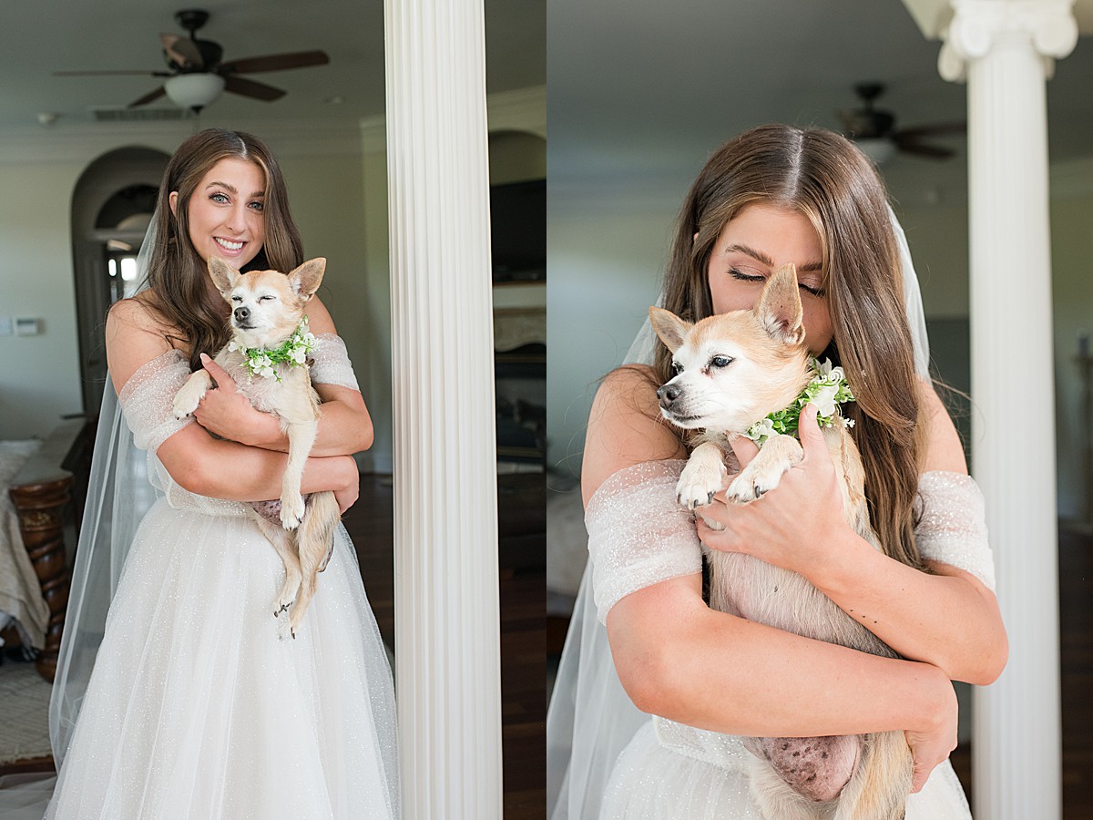 Bride with her dog on wedding day