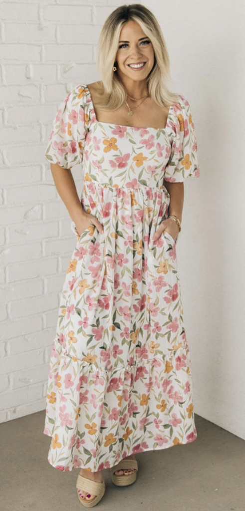 Bright floral print midi dress with short puff sleeves and pockets, styled with platform sandals – cheerful and feminine for spring family photos.
