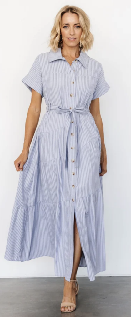 Blue and white pinstripe button-up shirt dress with short sleeves and a waist tie – a polished yet casual option for lifestyle sessions.