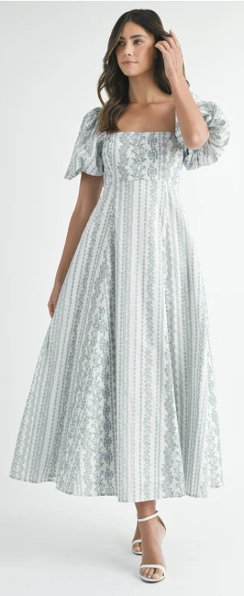 Muted sage and white floral maxi dress with puff sleeves and a square neckline – romantic and timeless for spring sessions.