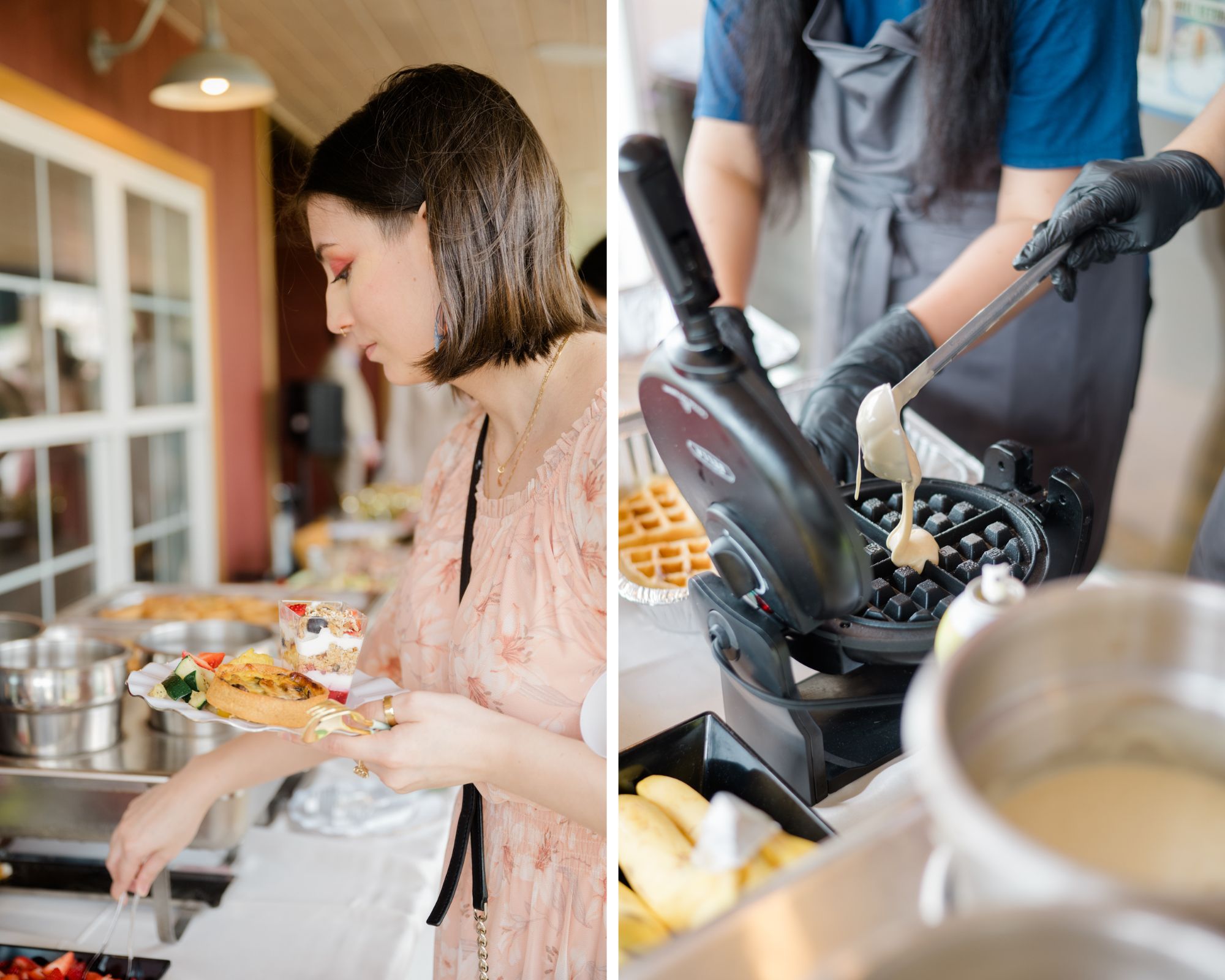 Split image: A plate filled with brunch items including waffles, deviled eggs, and quiche; next to it, two men chat inside the barn during the celebration.