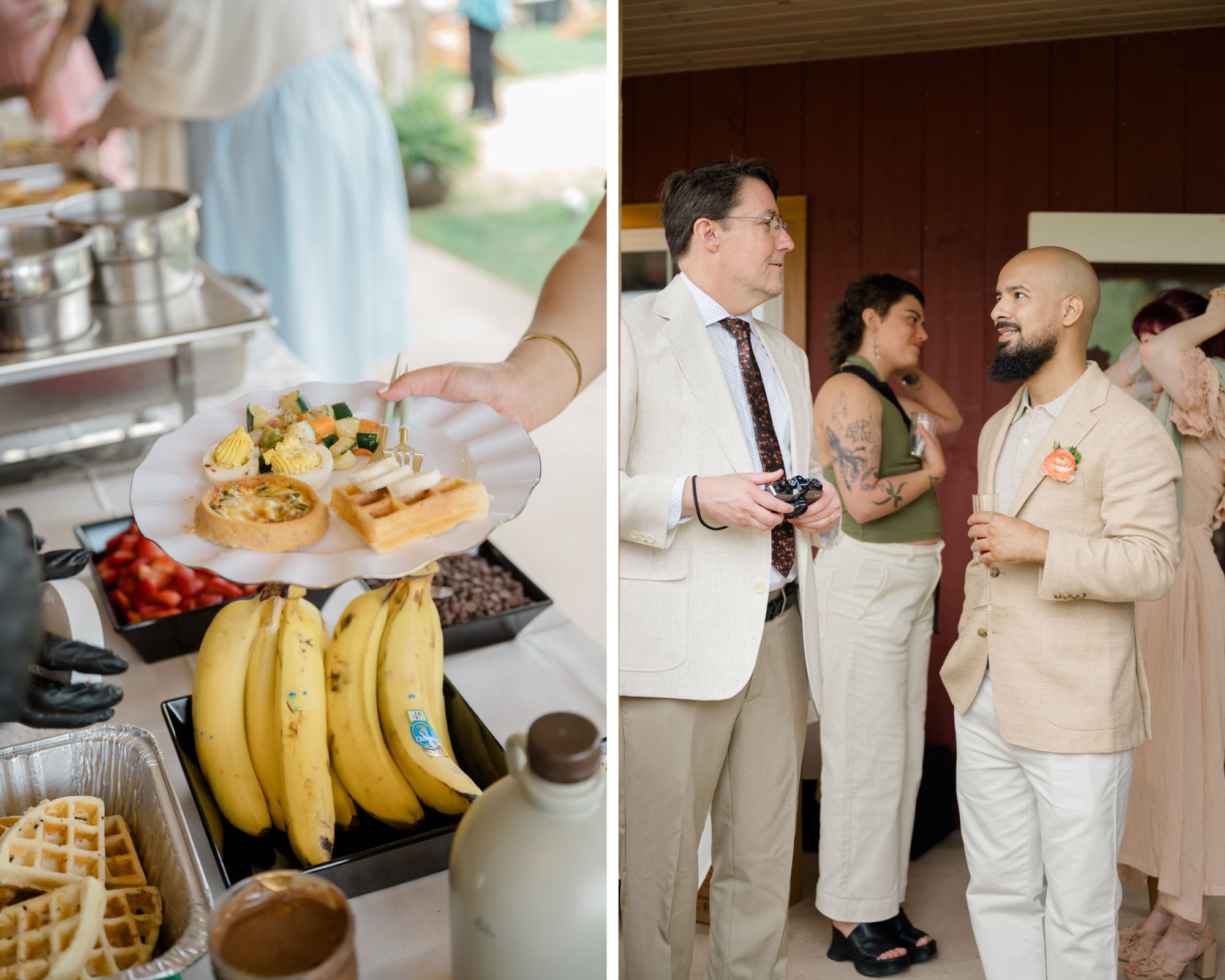 Split image: A guest loads her plate with quiche and parfait from the buffet; beside it, another guest prepares batter for waffles at a brunch bar.