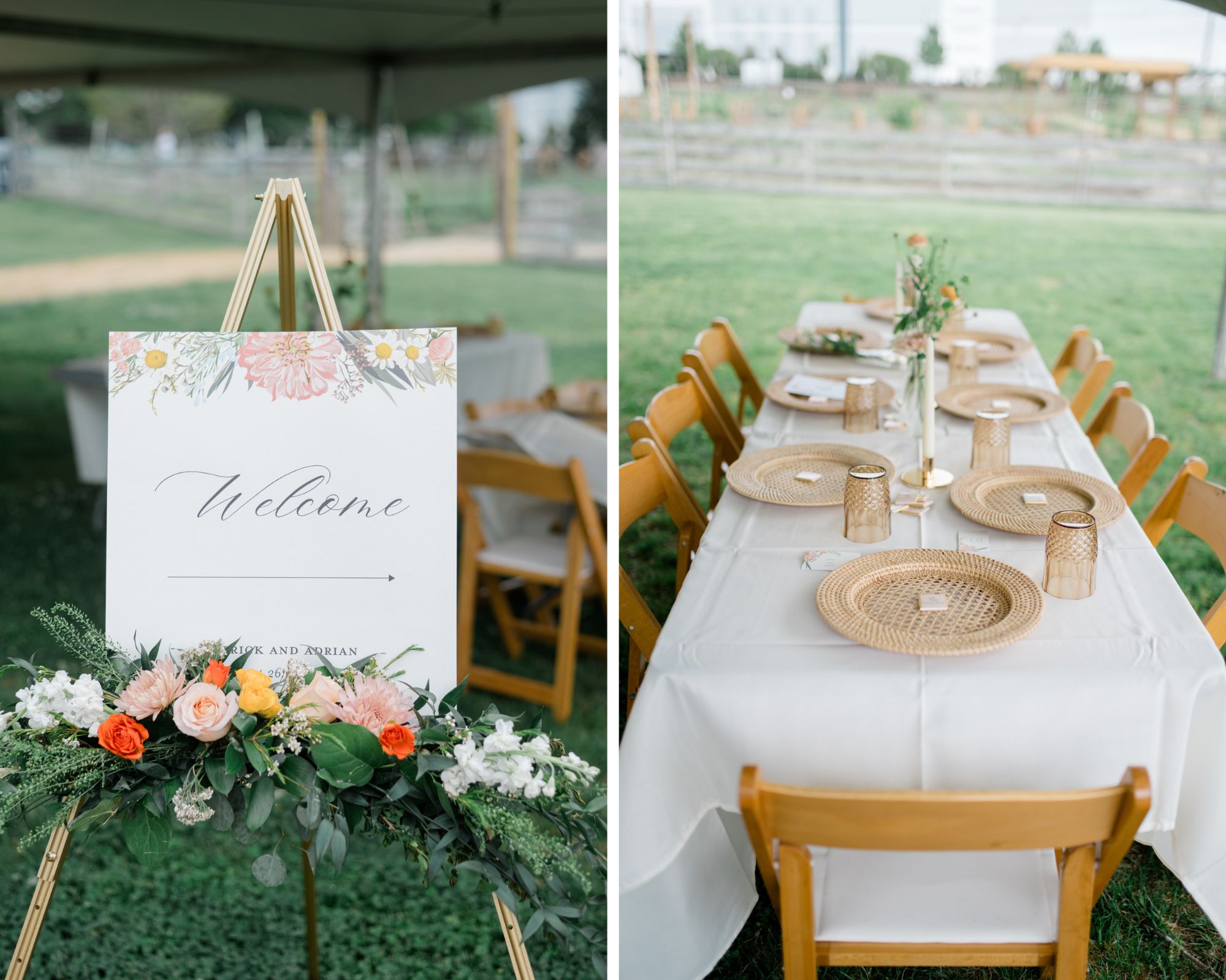 Floral welcome sign and elegant outdoor tablescape with woven chargers at a garden brunch wedding.