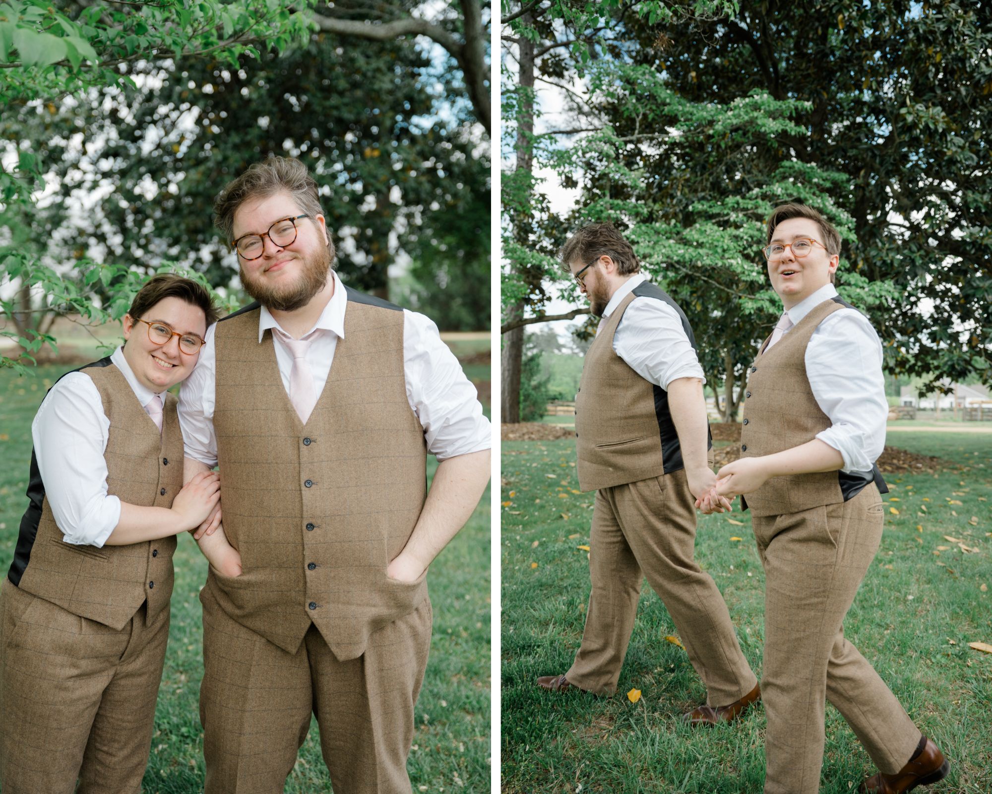 Two grooms in brown vests and trousers sharing sweet moments during their wedding day—one image shows them smiling and holding hands, the other captures them walking together in the grass.

