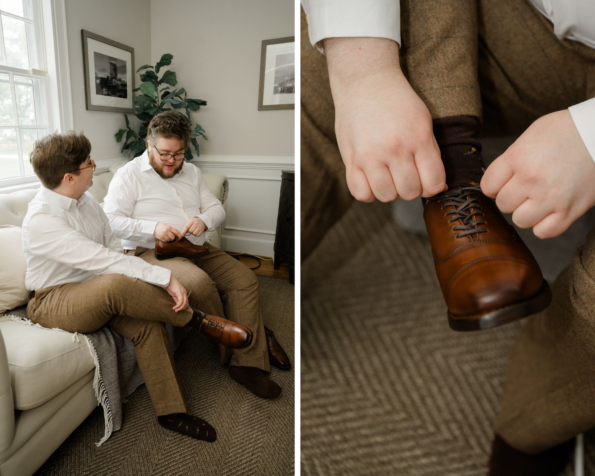 One groom tying his shoes while sitting with his partner during the getting ready process at Woodside Farms.