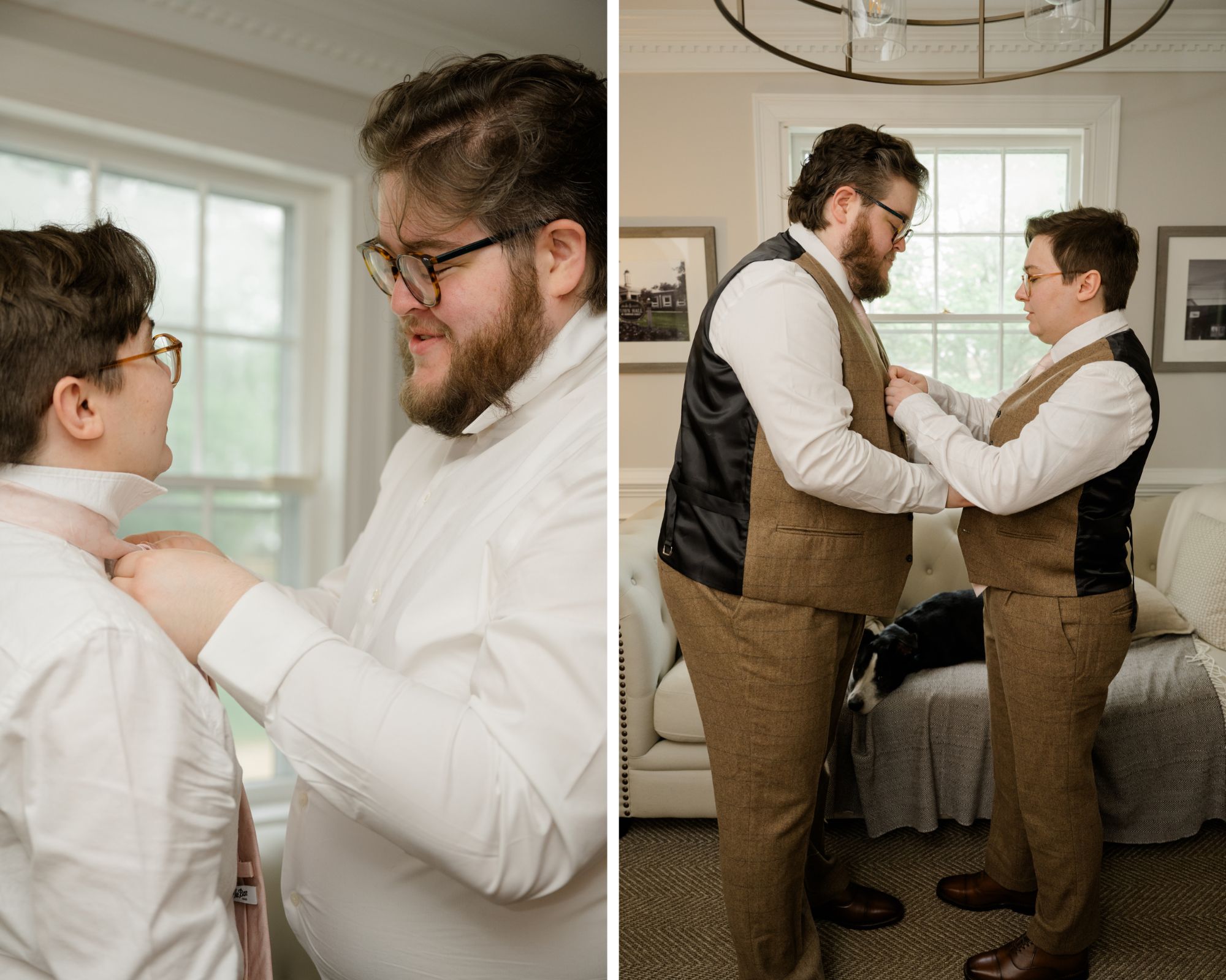The grooms helping one another with their ties and vests while getting ready for their wedding at Woodside Farms.