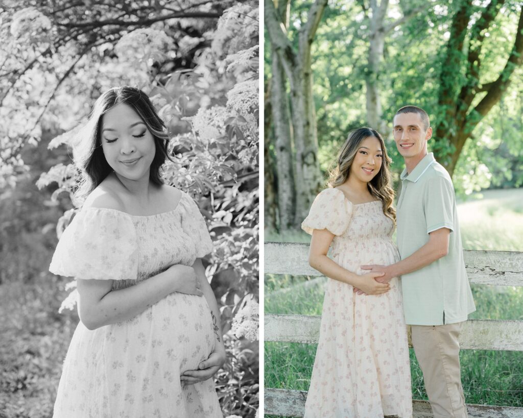 Maternity portrait of a glowing mother-to-be in a sunlit field, showcasing soft golden light and rustic charm during a summer maternity session at Historic Tuckahoe near Richmond, VA.