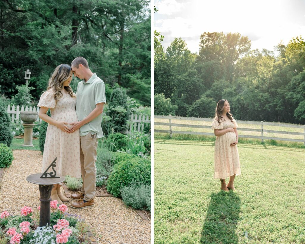 Glowing maternity portraits of a pregnant mother in a floral dress and her partner at sunset on the scenic grounds of Historic Tuckahoe in Richmond, Virginia.