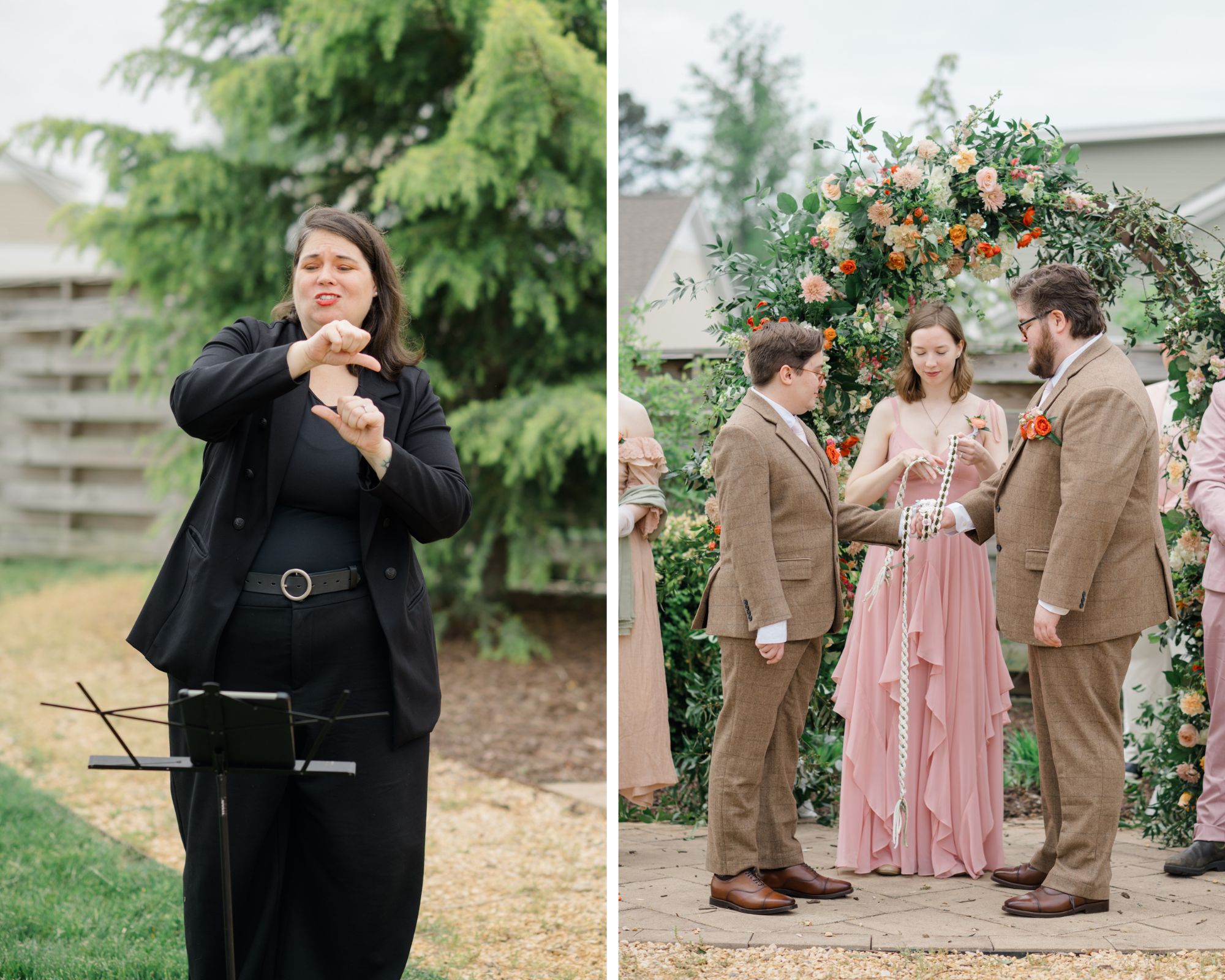 An American Sign Language interpreter dressed in black signs during an inclusive LGBTQ+ wedding ceremony held outdoors at Woodside Farms.