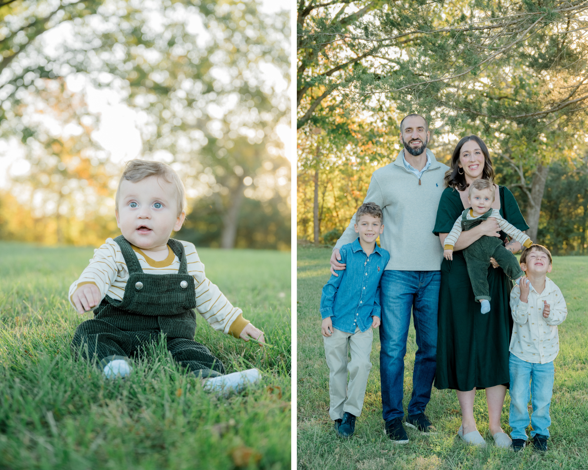 Baby boy smiles while sitting on the lawn in Pleasant Grove Park, followed by a full family portrait with soft sunlight streaming through the trees.