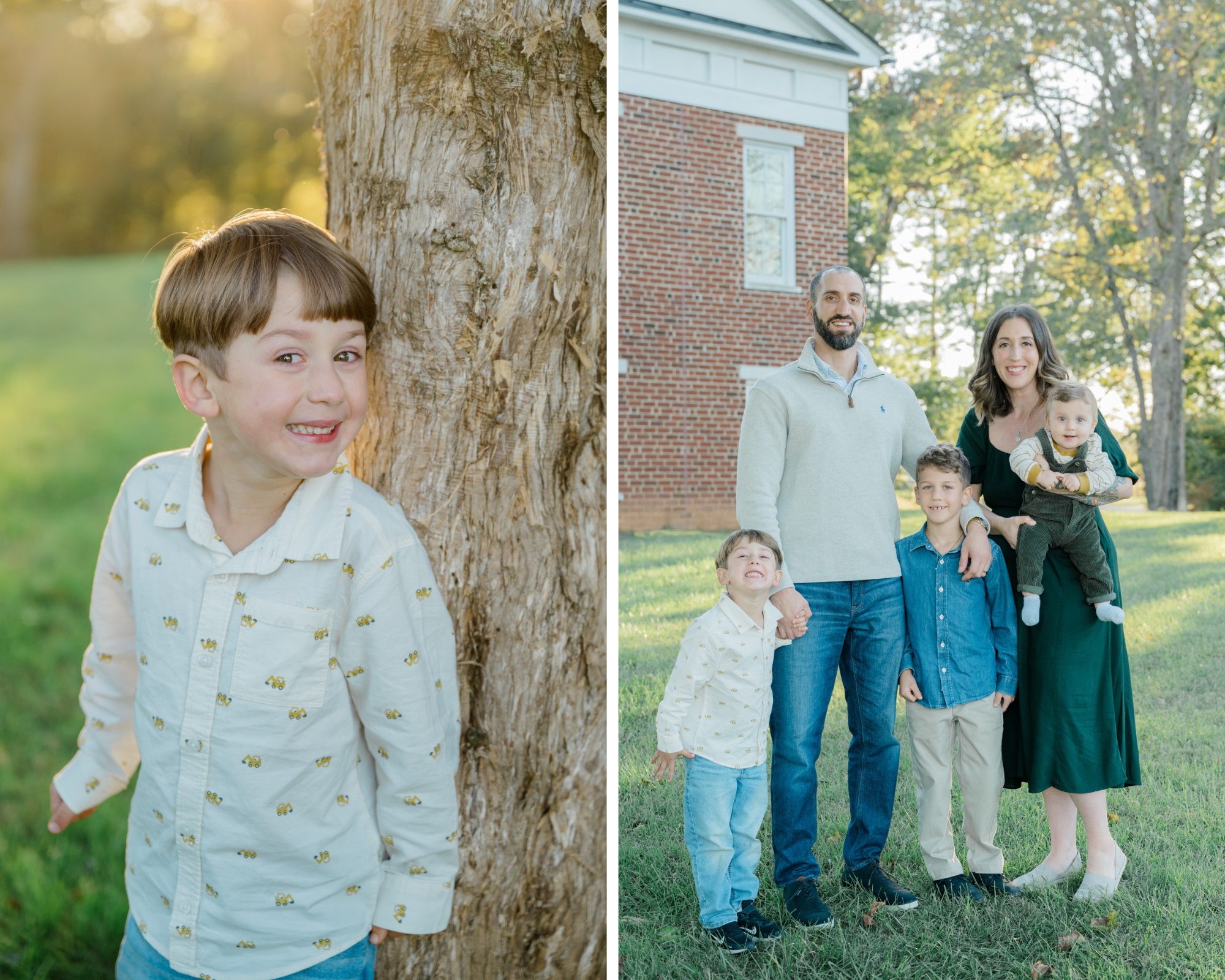 Middle brother grins while leaning against a tree, and the entire Sacco family poses together outside a brick building at Pleasant Grove Park, Fluvanna.