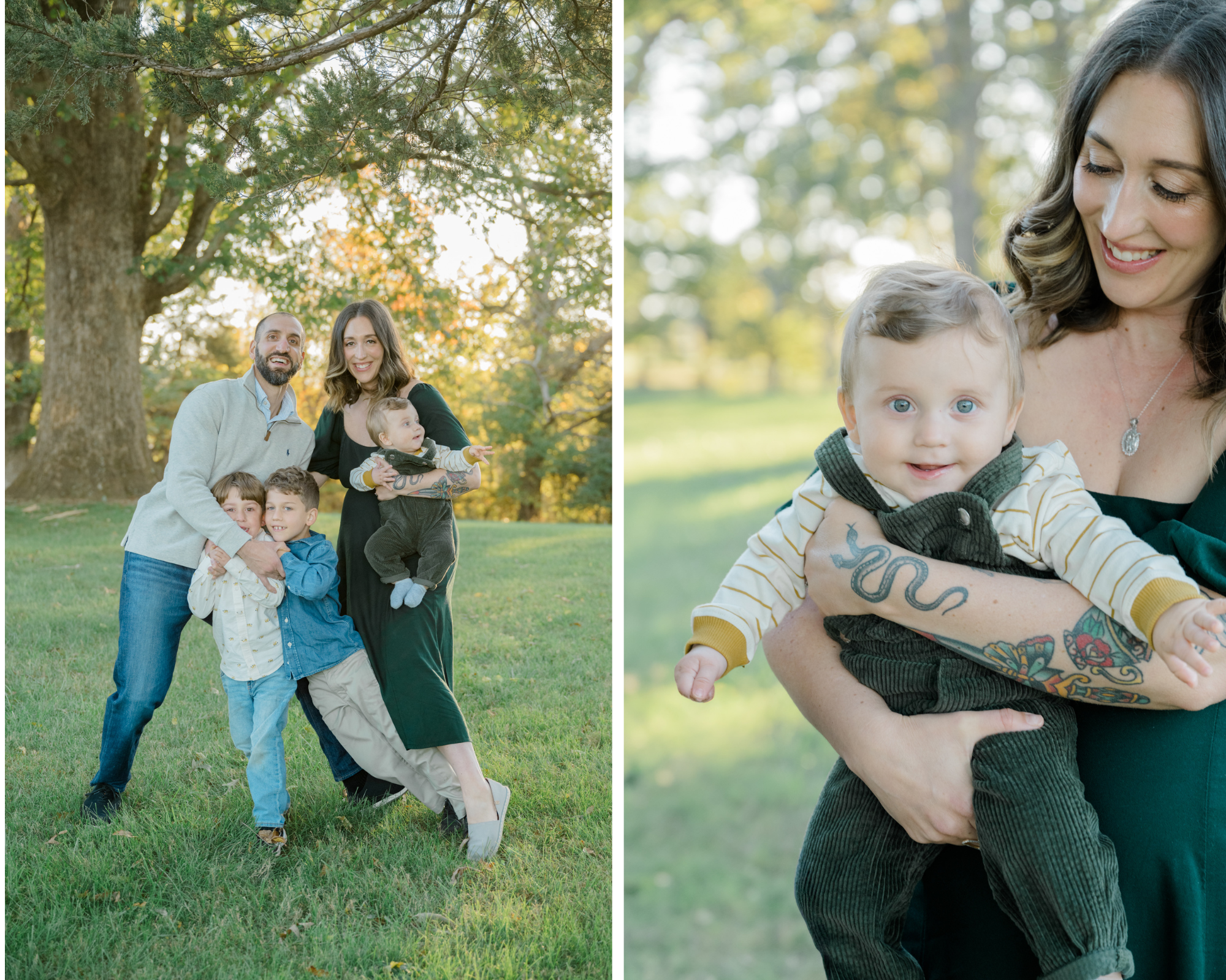 Mom and dad hold their baby boy during golden hour at Pleasant Grove Park in Virginia, while baby smiles adorably in a close-up portrait on the grass.