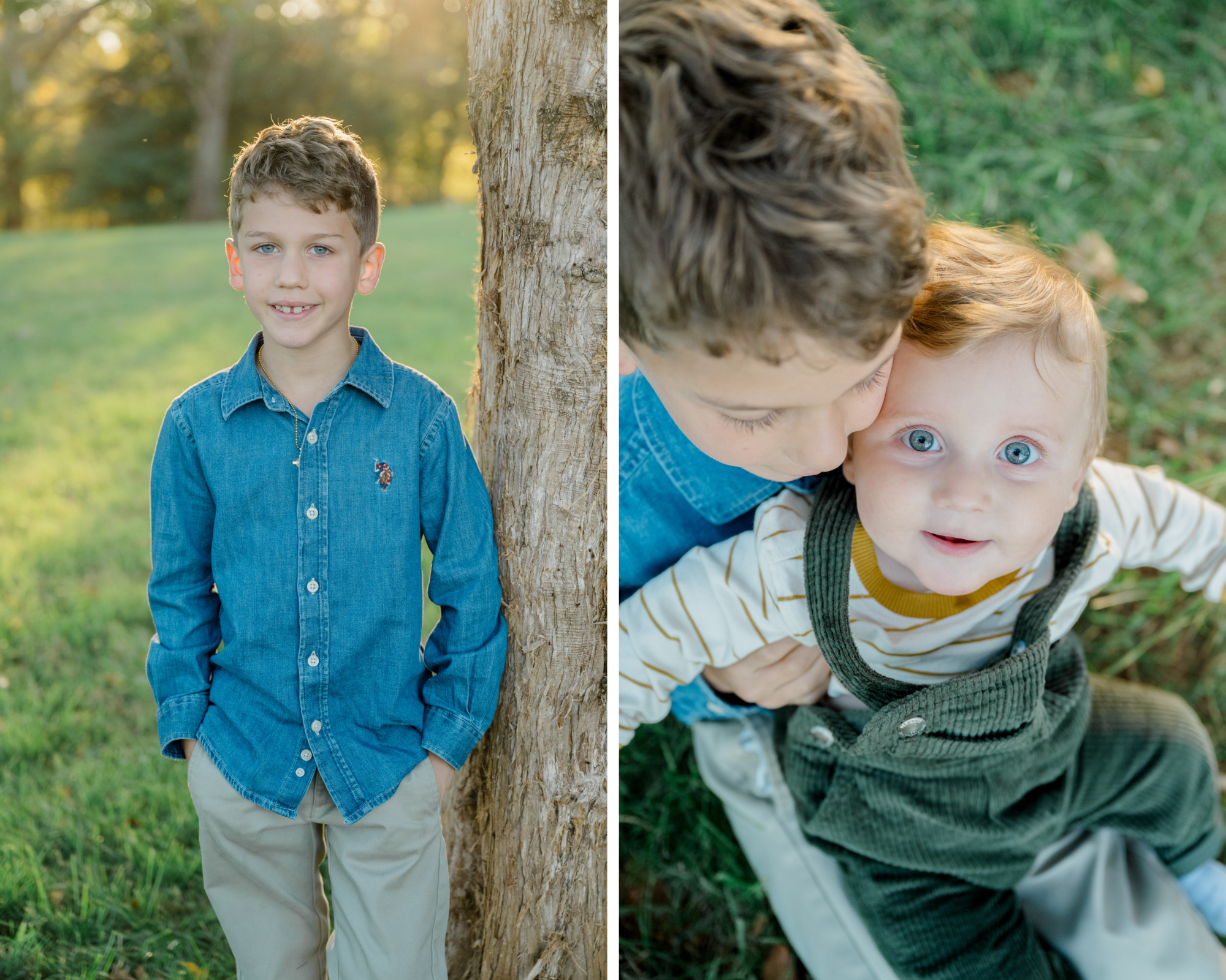 Big brother leans against a tree in the evening sunlight and kisses his baby brother’s head during a heartfelt sibling moment in a fall family photo session.