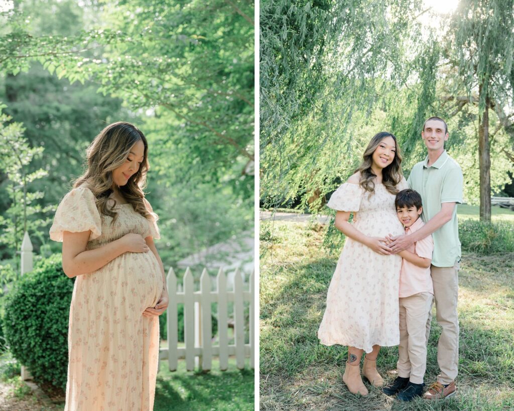 Tender maternity family photo session at Historic Tuckahoe in Richmond, VA, featuring glowing golden hour light and soft summer greenery.