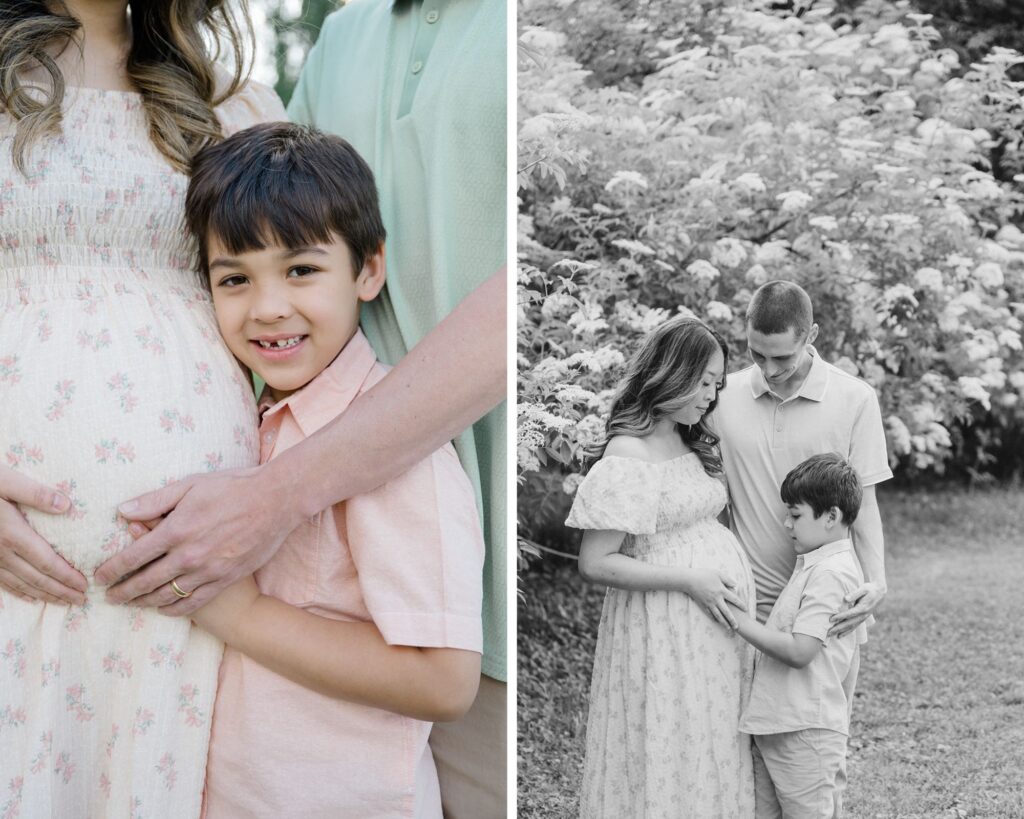 Sweet family moment featuring big brother cuddled up to mom’s baby bump during a maternity session at Historic Tuckahoe near Charlottesville, Virginia.