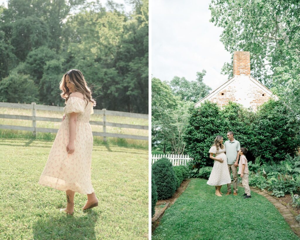 Family maternity portraits taken at Historic Tuckahoe near Charlottesville, VA, featuring a mom, dad, and big brother surrounded by garden greenery and brick architecture.