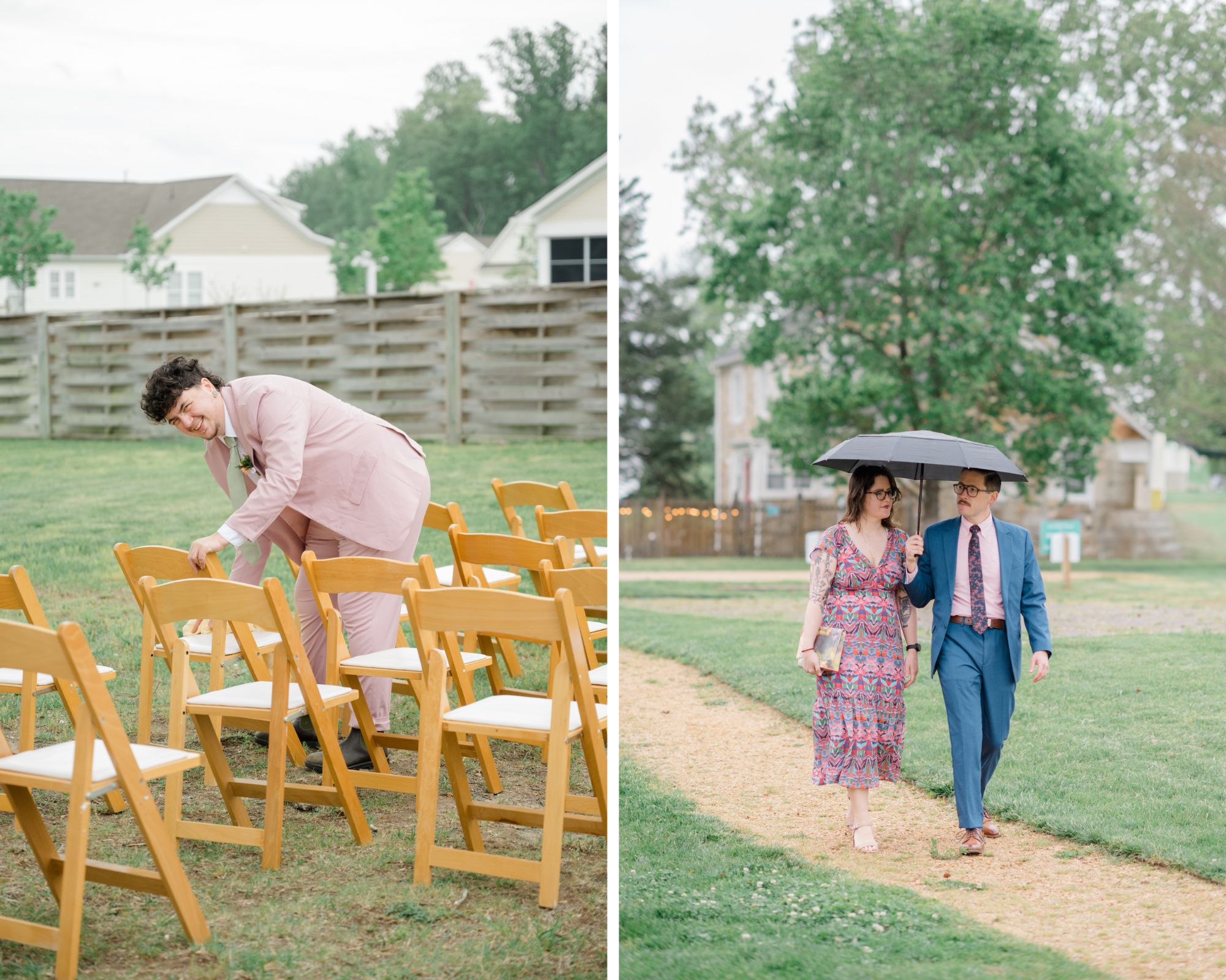 A groomsman in a pink suit adjusts chairs, while guests walk under an umbrella on a rainy wedding day.