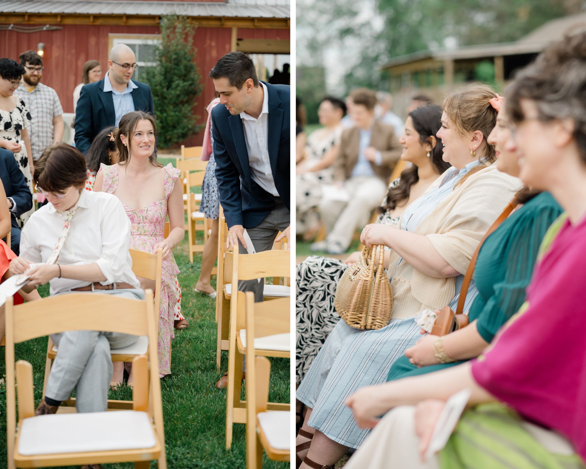 Guests arrive and take their seats for an outdoor ceremony; some smile and chat while others look over programs before the LGBTQ+ wedding at Woodside Farms.