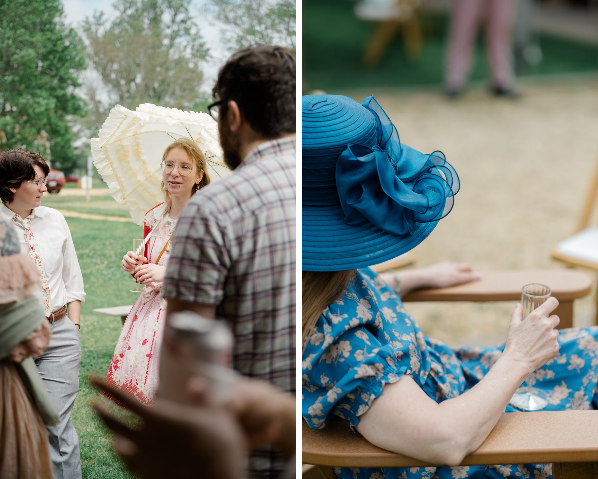 Guests dressed in vintage-inspired attire at a Woodside Farms brunch wedding, including one holding a ruffled parasol and another seated wearing a bold blue floral hat.