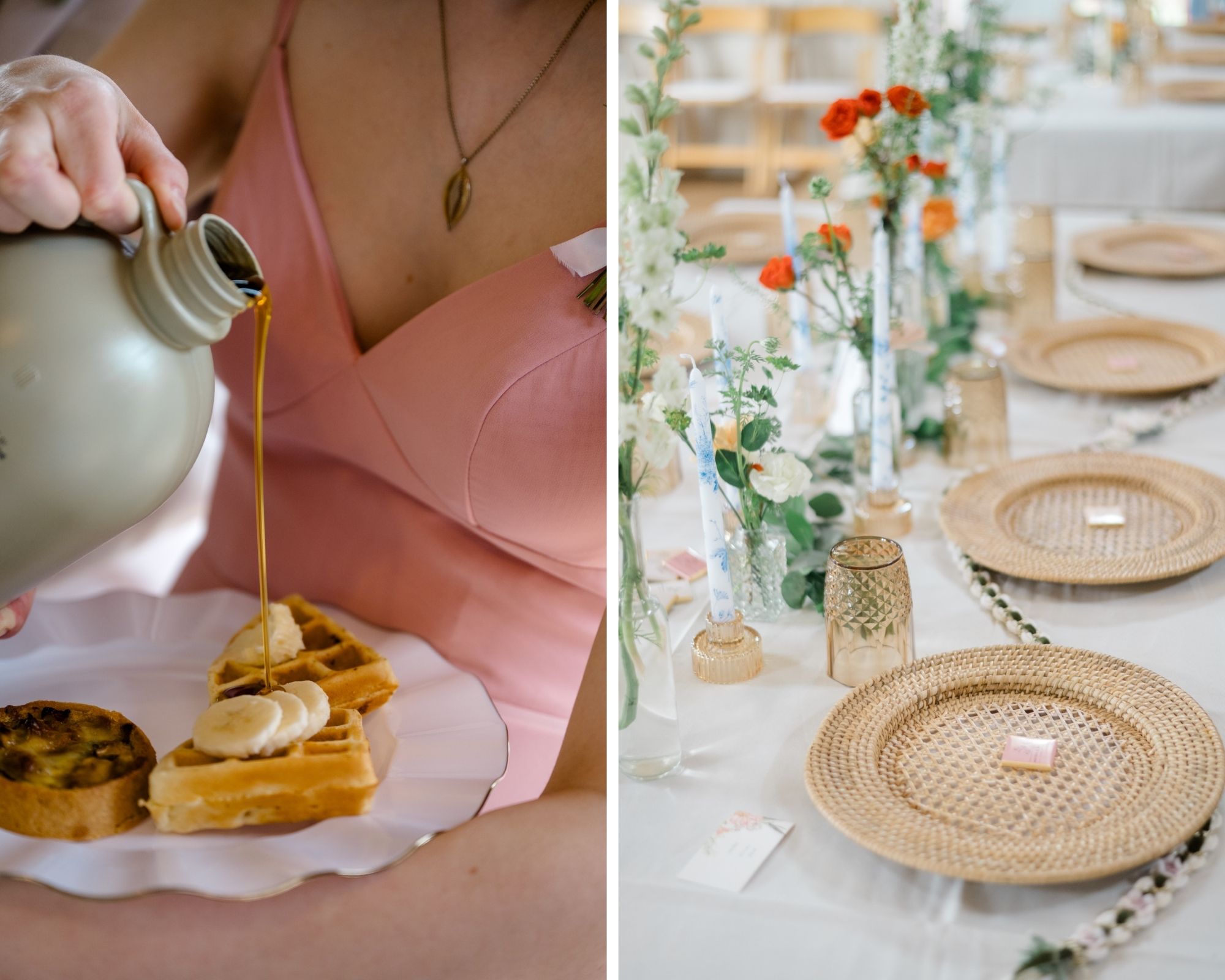 A split image showing brunch wedding details: a guest pouring syrup over waffles on the left, and a beautifully set reception table with floral arrangements and woven chargers on the right.