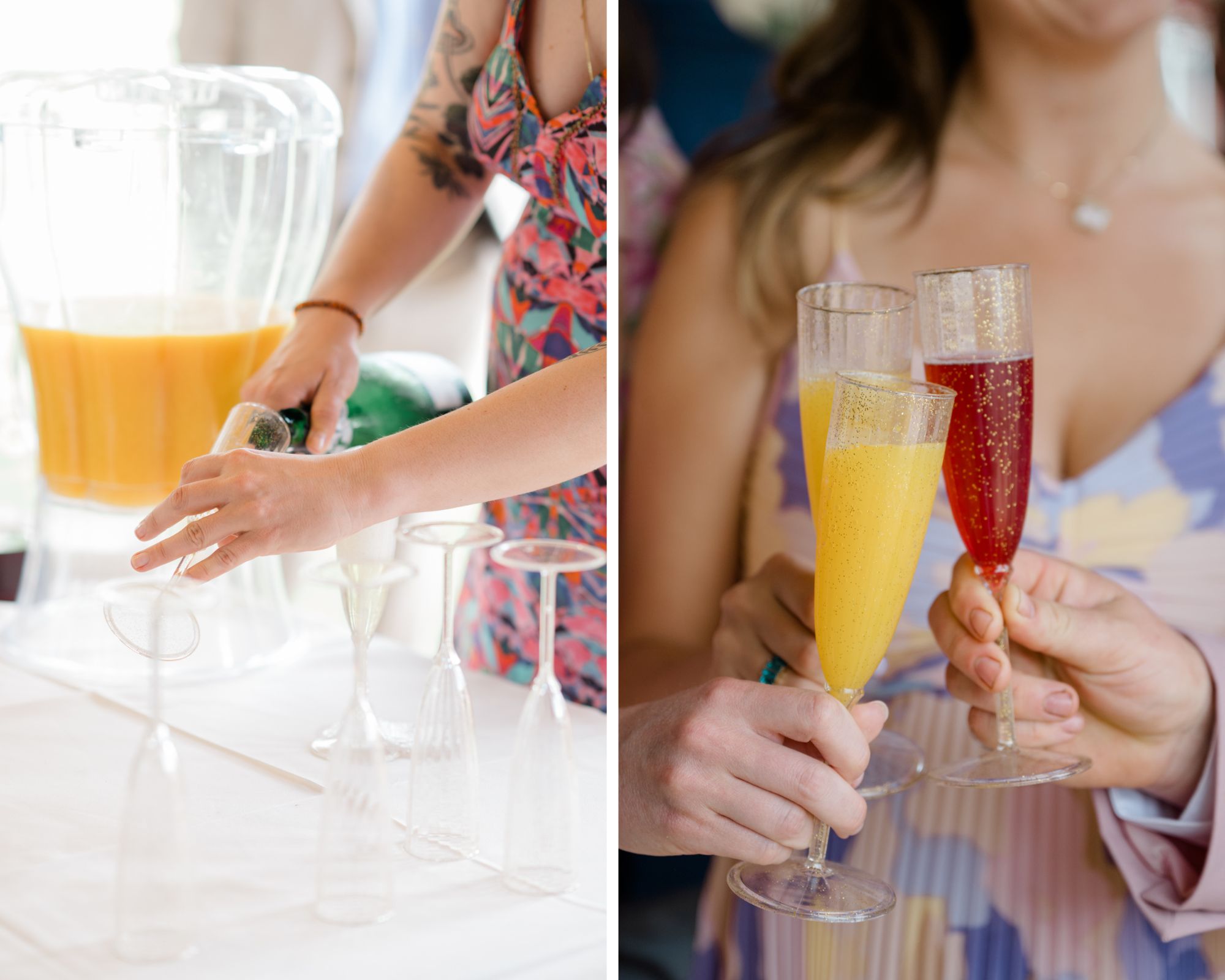 Split image: One guest pours champagne into a row of glasses at a mimosa bar; the other shows hands clinking colorful mimosa glasses during the toast.