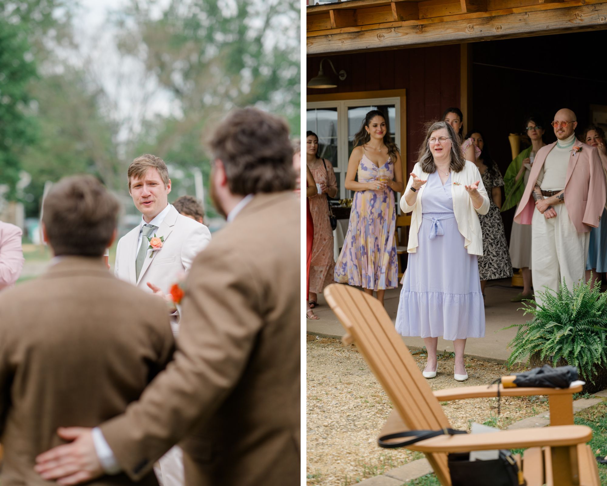 Emotional and candid moments during brunch wedding toasts at Woodside Farms—guests gathered under a porch listening to heartfelt speeches.