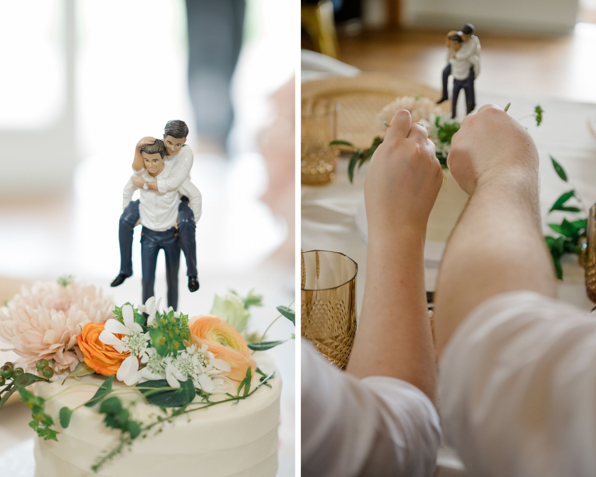 Close-up of a wedding cake with bright floral decorations and a unique topper featuring one groom giving the other a piggyback ride.