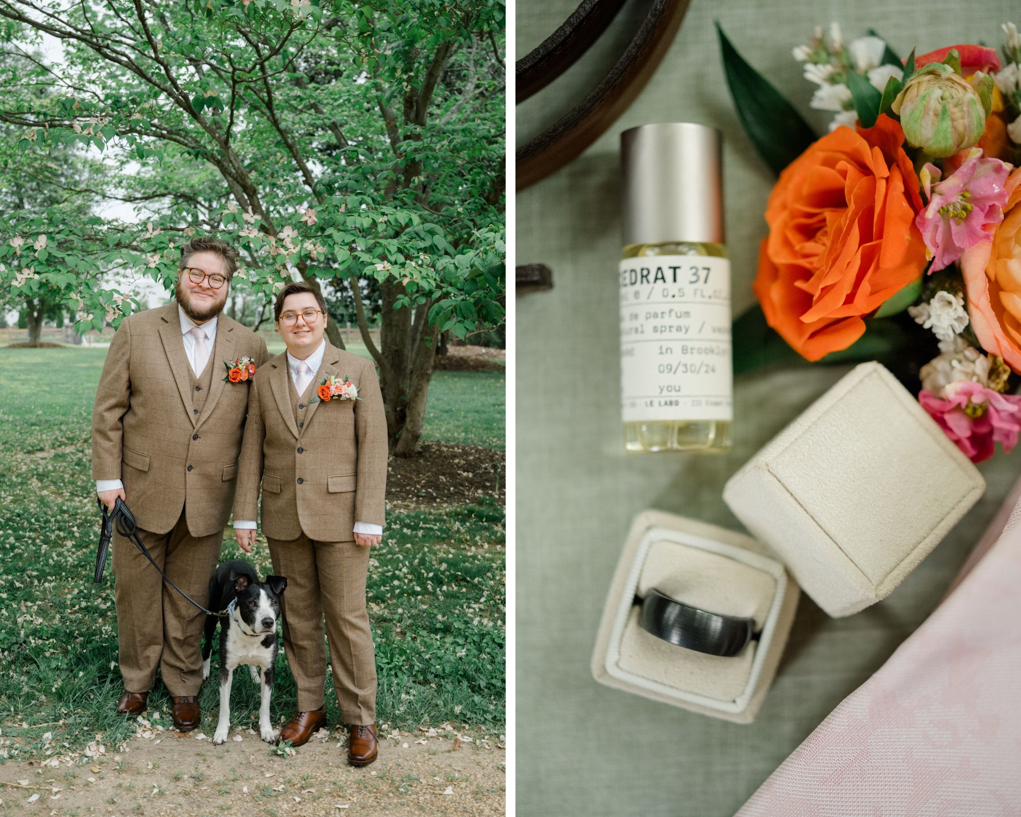 Two grooms posing with their dog in a garden, next to a flatlay of wedding rings, florals, and Le Labo perfume.