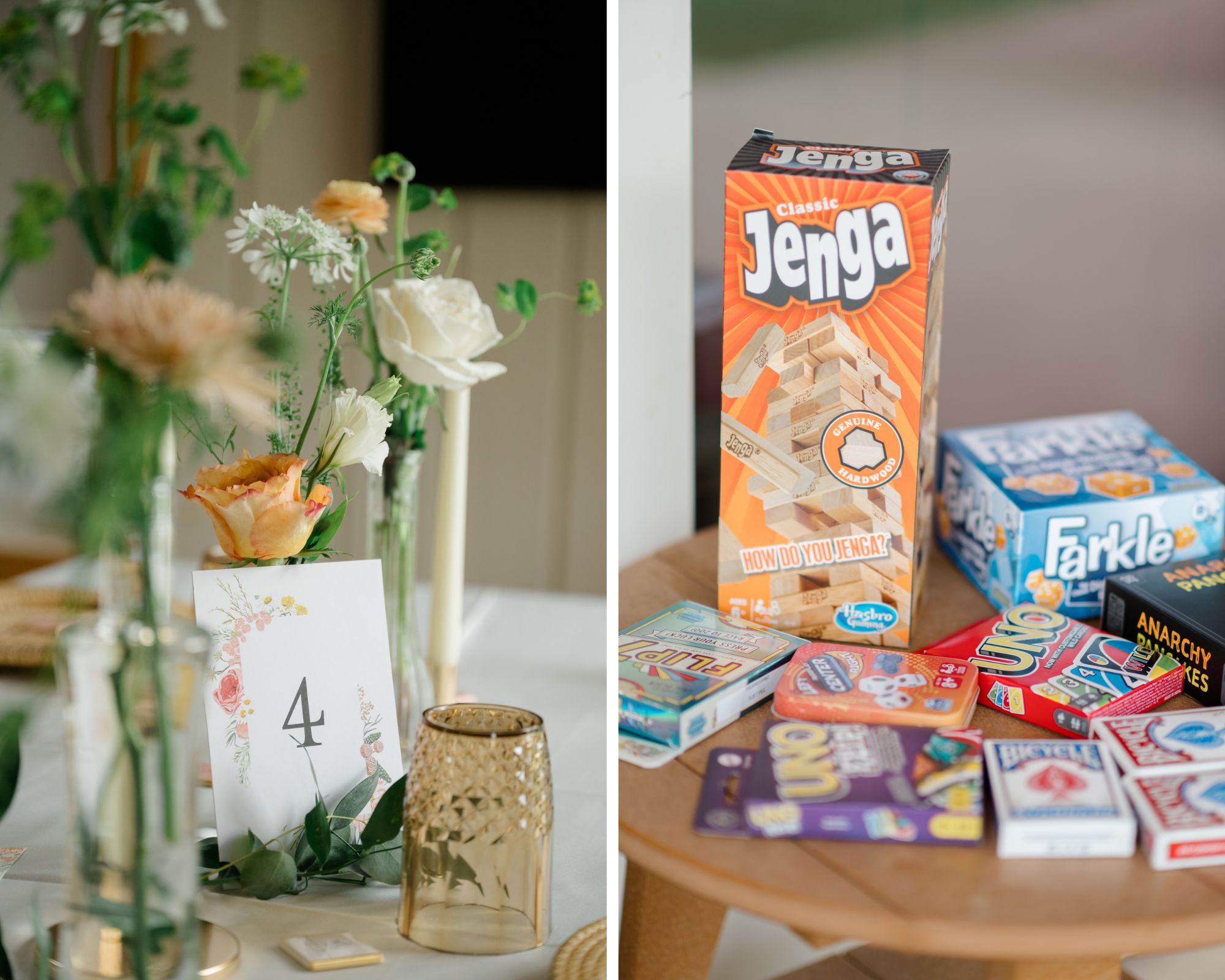 A detail shot of a wedding reception table at Woodside Farms featuring floral centerpieces, a table number card, and various tabletop games like Jenga and UNO for guest entertainment.