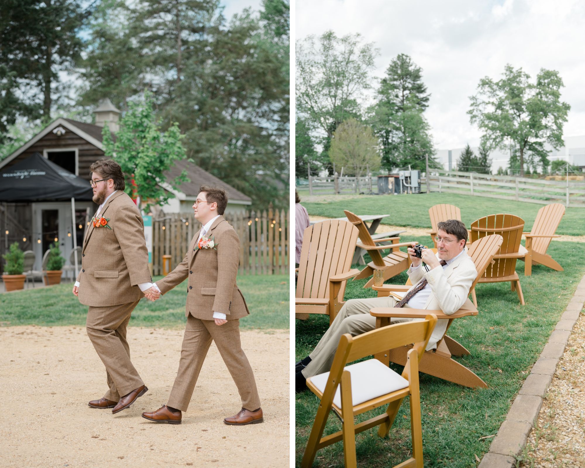 Two grooms in matching brown suits walk hand-in-hand across a gravel path while a guest seated in an Adirondack chair photographs them.
