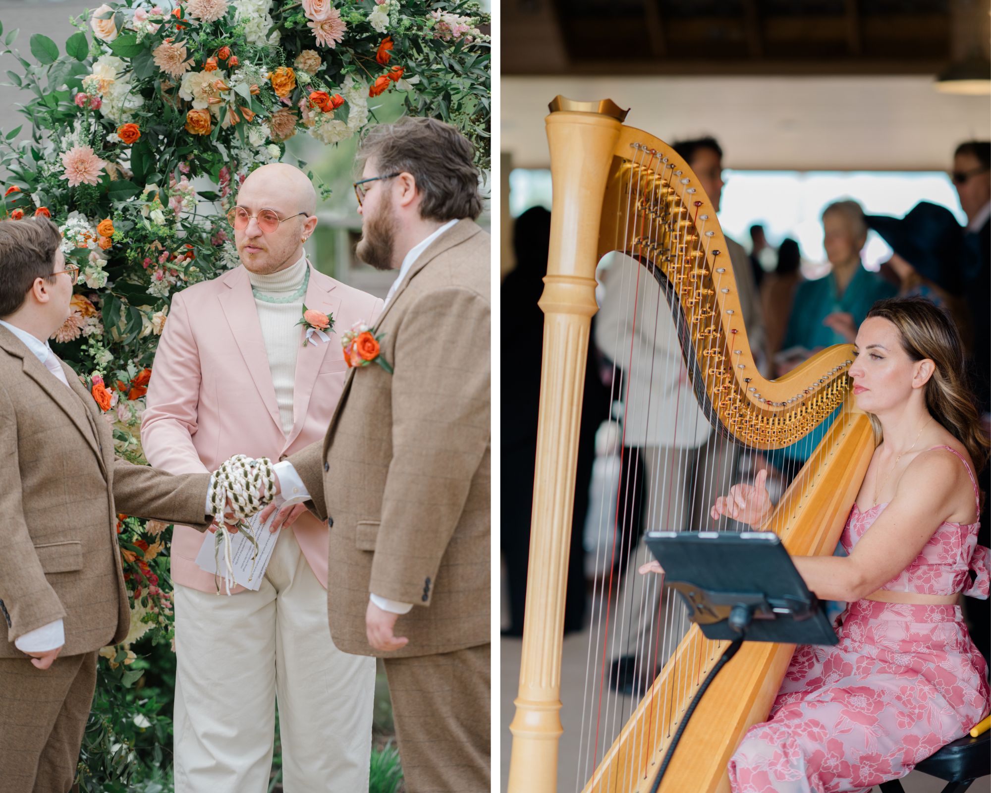 A wedding officiant in a pink suit stands in front of a floral arch conducting a handfasting ceremony for two grooms, followed by a harpist playing music at the wedding reception.