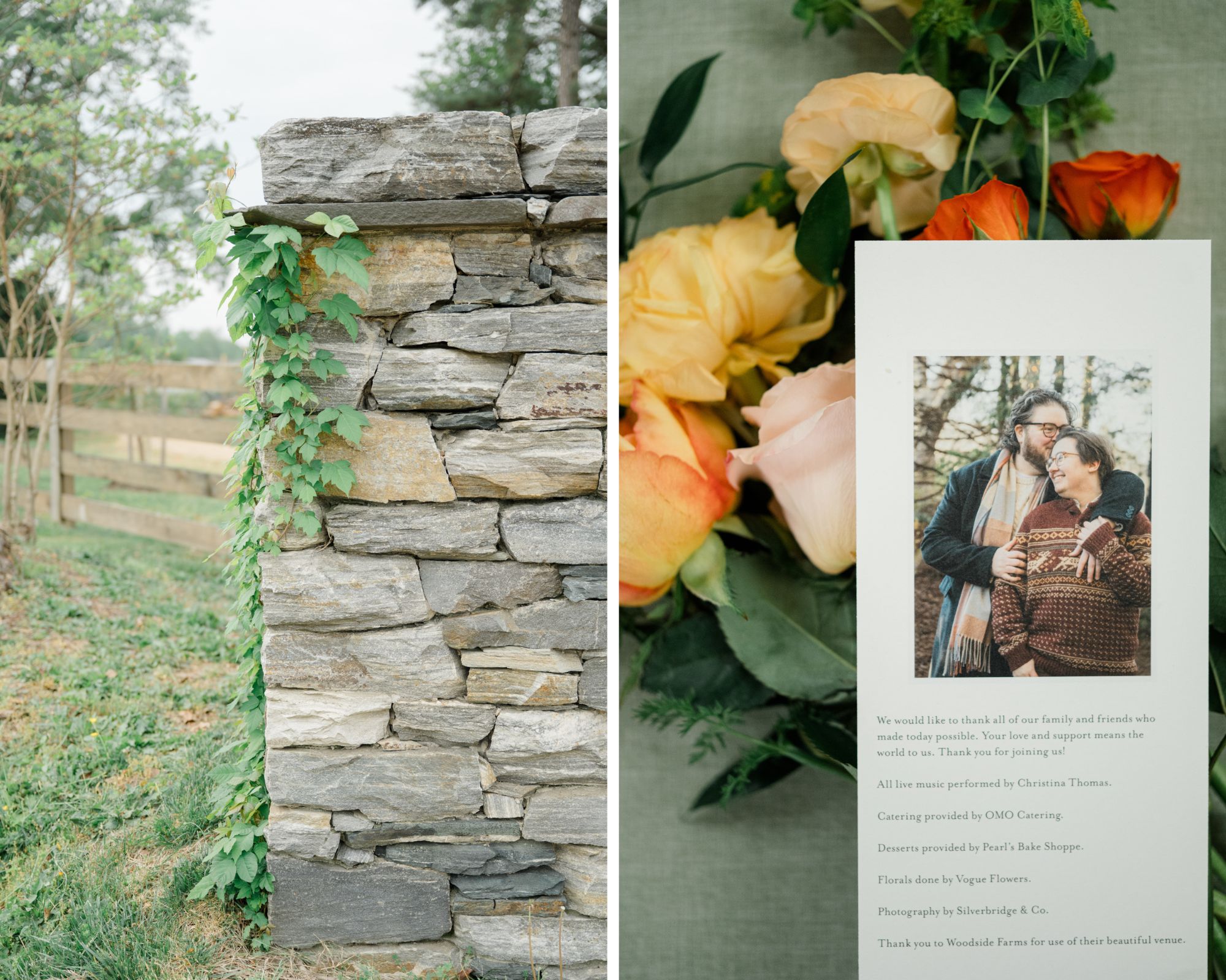 Close-up of a stone wall with ivy and a floral flat lay featuring the couple’s thank-you card at Woodside Farms.