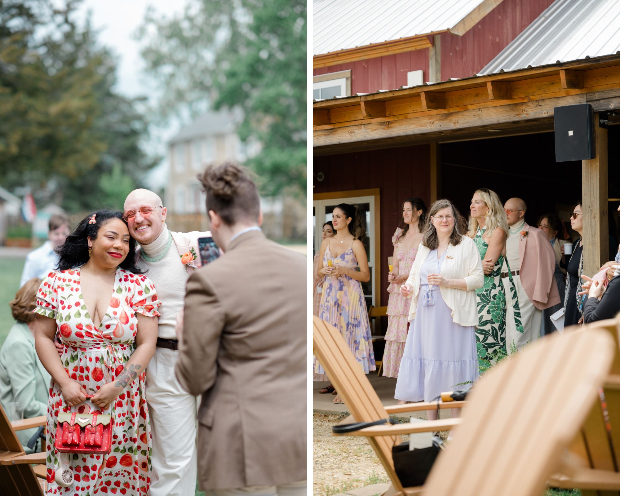 Wedding guests dressed in vibrant spring attire, including a guest in a cherry-print dress smiling for a photo, and others mingling on the porch of a red barn during a springtime celebration.