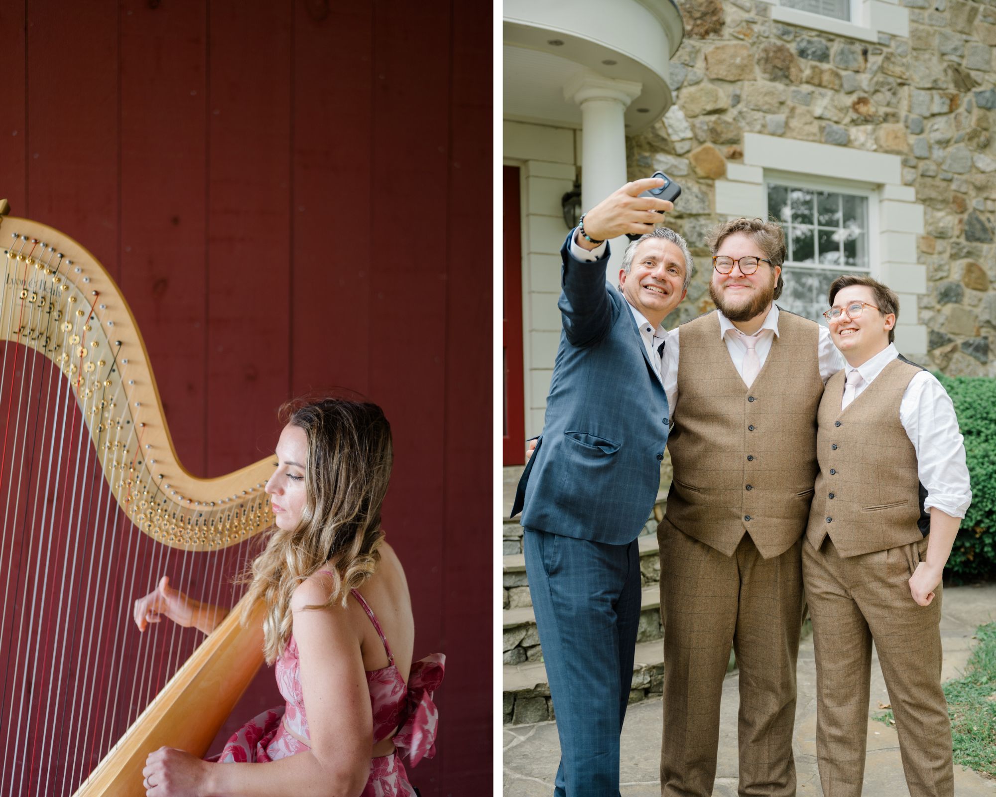 Split image: A harpist plays beside a red wall during the ceremony; next to it, the grooms take a joyful selfie with a guest in front of a stone house.