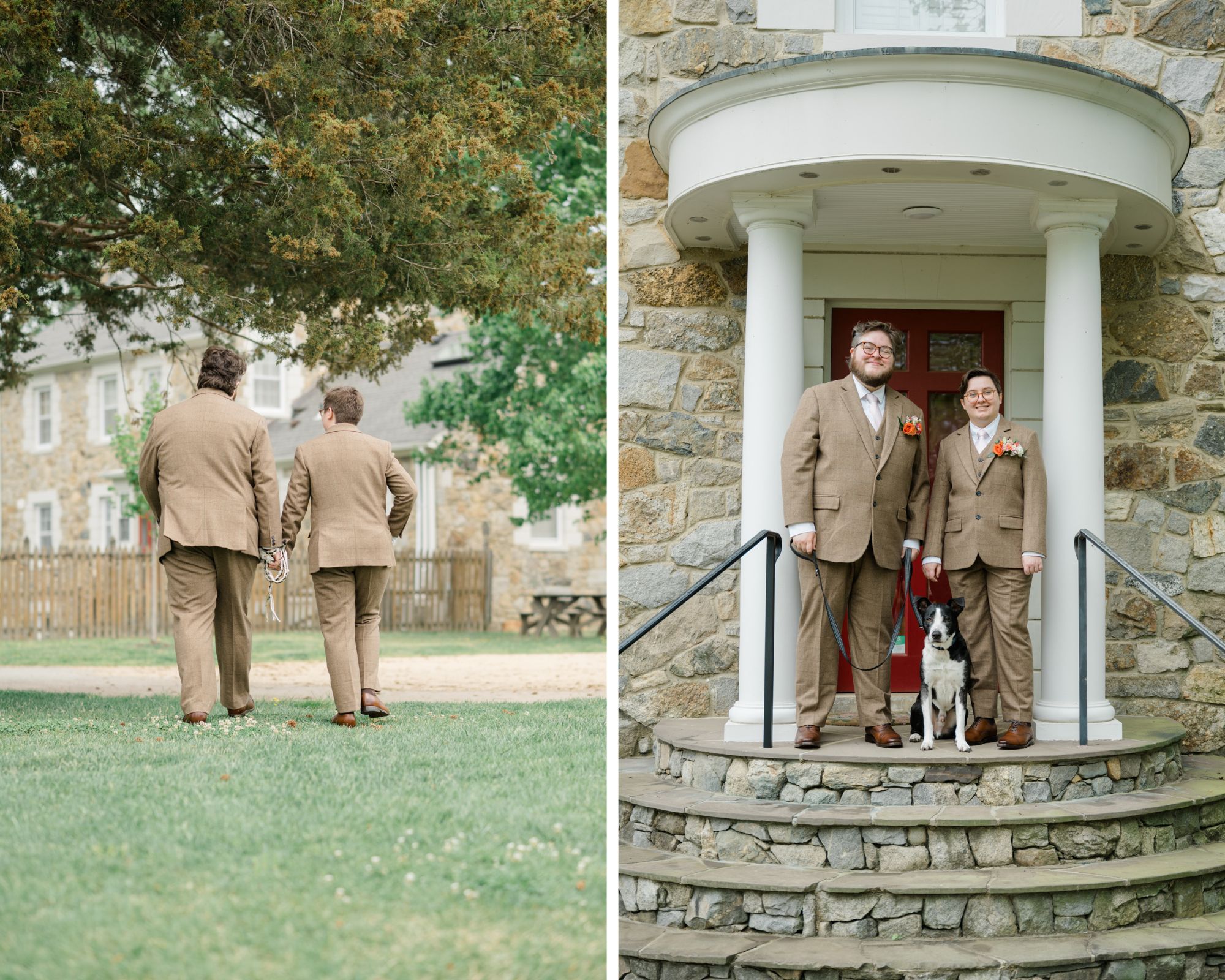 Two grooms walk hand-in-hand across the grass and pose on the stone steps of a manor house with their black and white dog, dressed in matching brown suits.