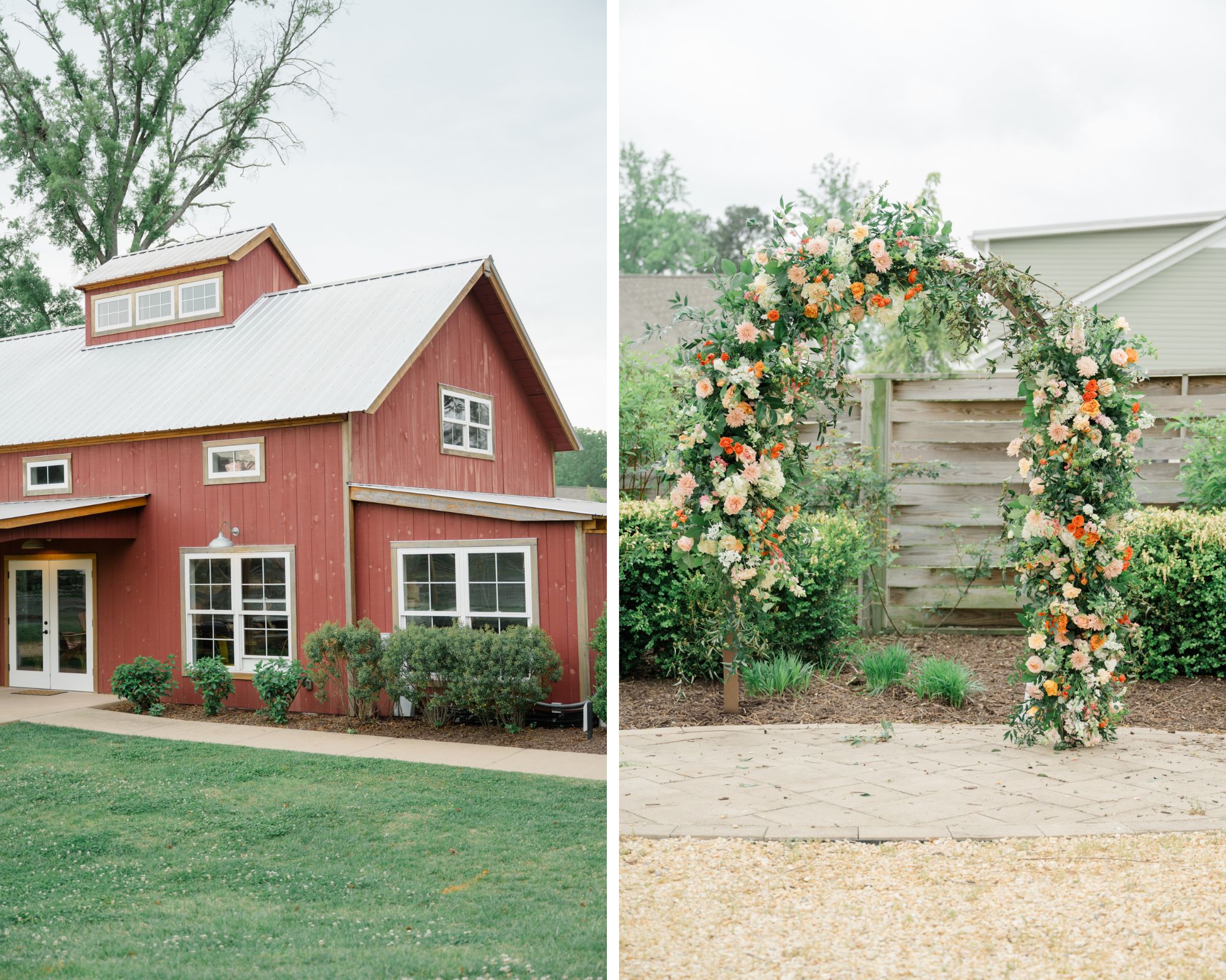 Floral wedding ceremony arch filled with orange and blush flowers at Woodside Farms, with a red barn in the background.