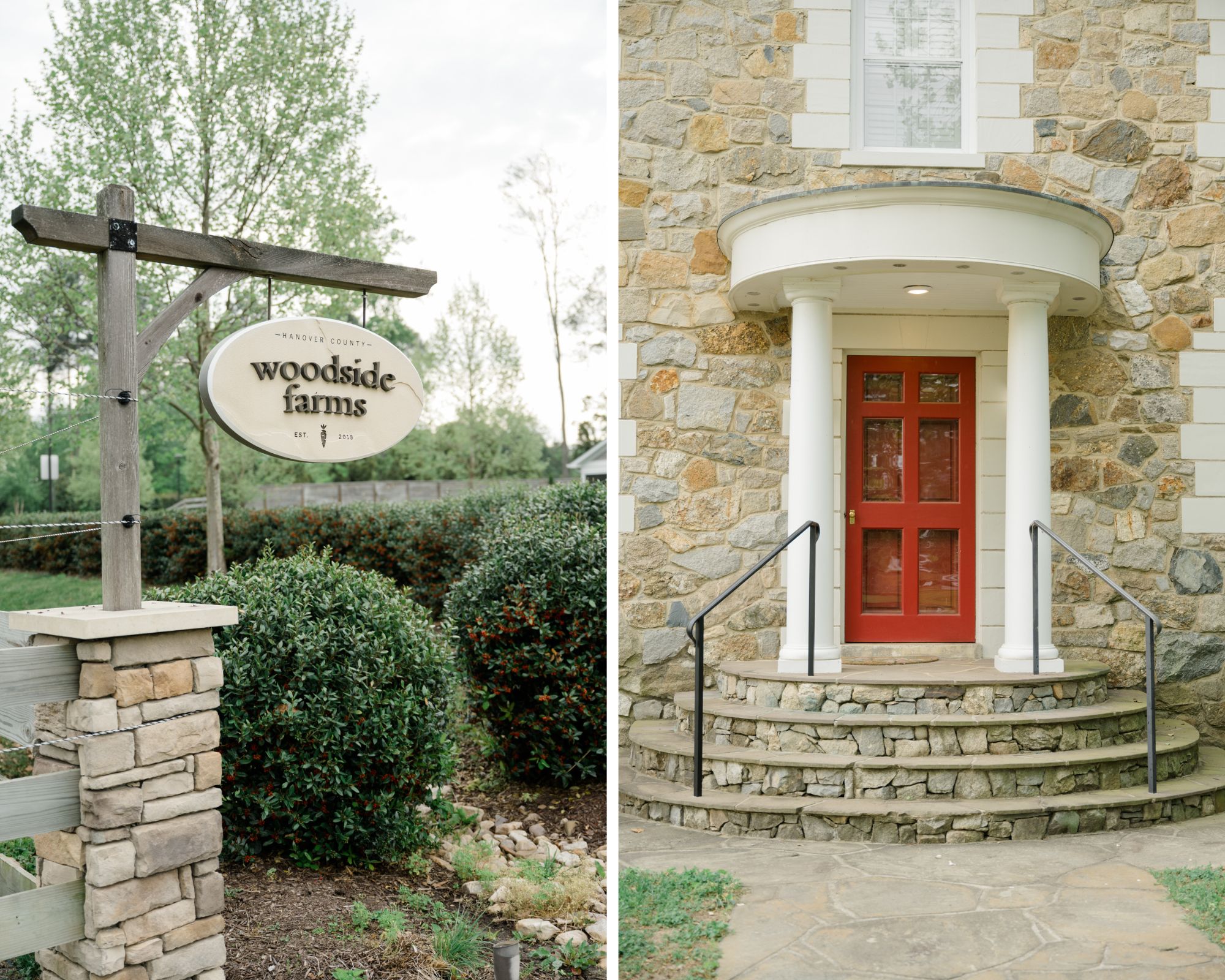 Welcome sign for Woodside Farms in Hanover County, Virginia, surrounded by greenery and stone columns.