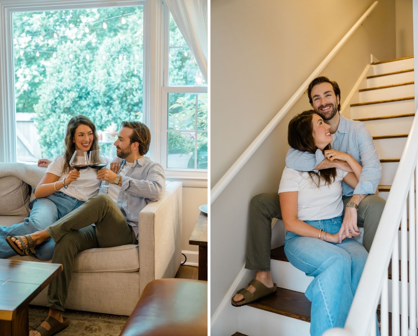 Couple sits on a cozy living room couch toasting wine glasses, with a large window behind them framing backyard greenery and string lights.