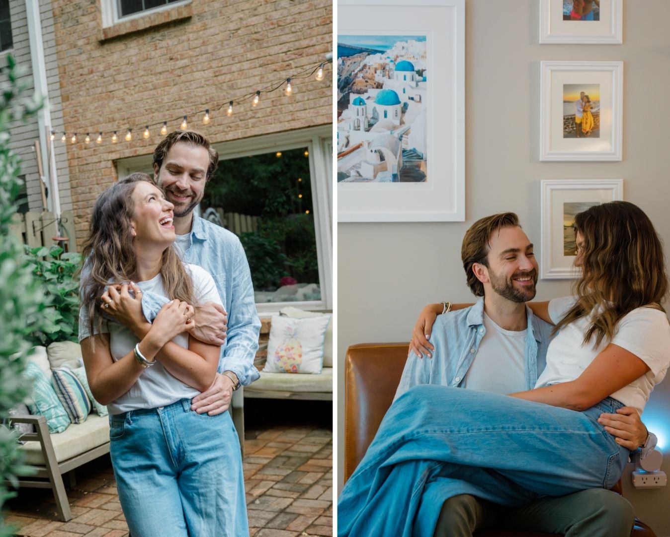 Couple laughing together in their backyard, wrapped in each other’s arms beneath twinkle lights and cozy patio seating in Charlotte, NC.