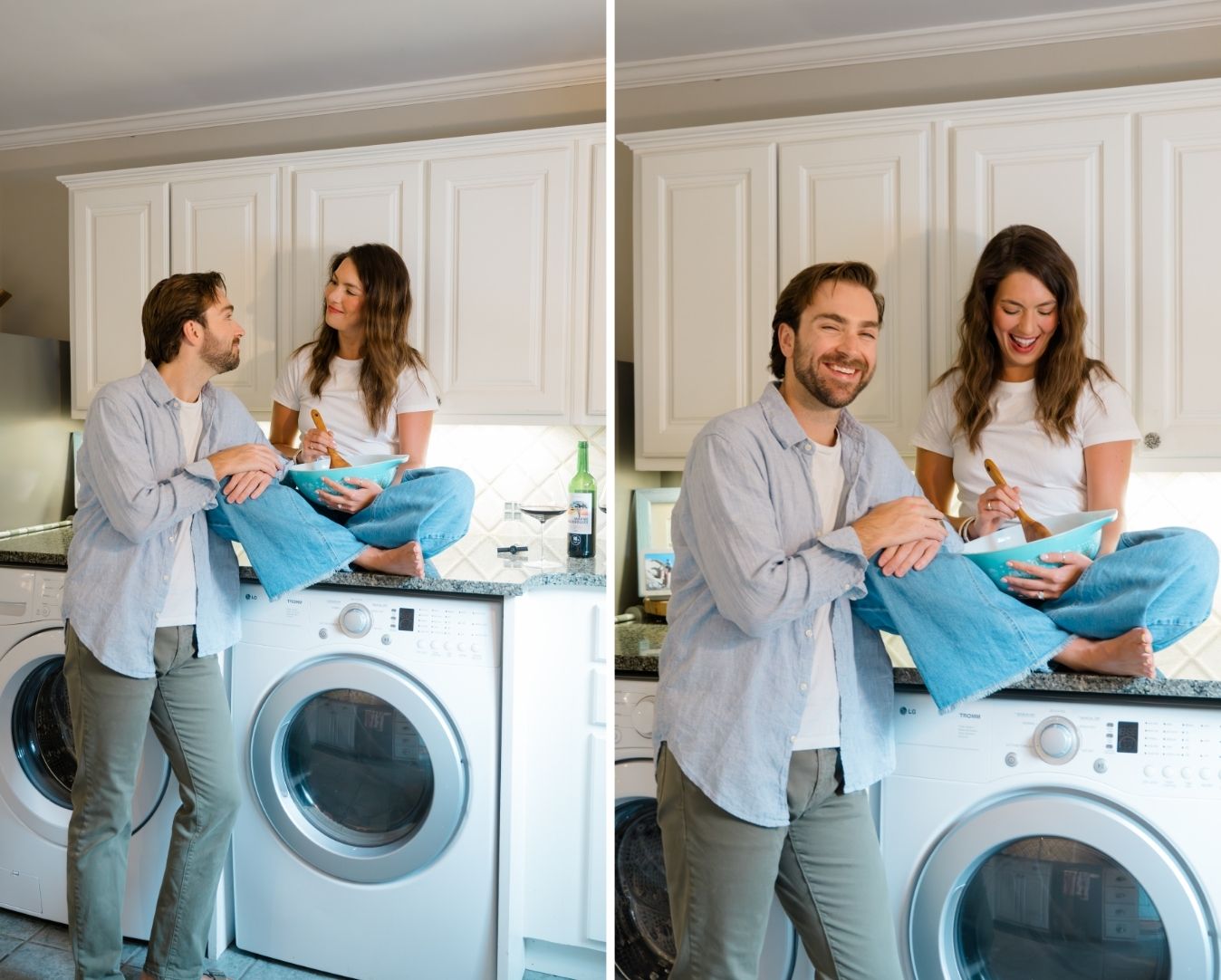 Couple laughing and mixing cookie dough in a teal bowl while sitting together in their laundry room during a cozy in-home photo session in Charlotte, NC.
