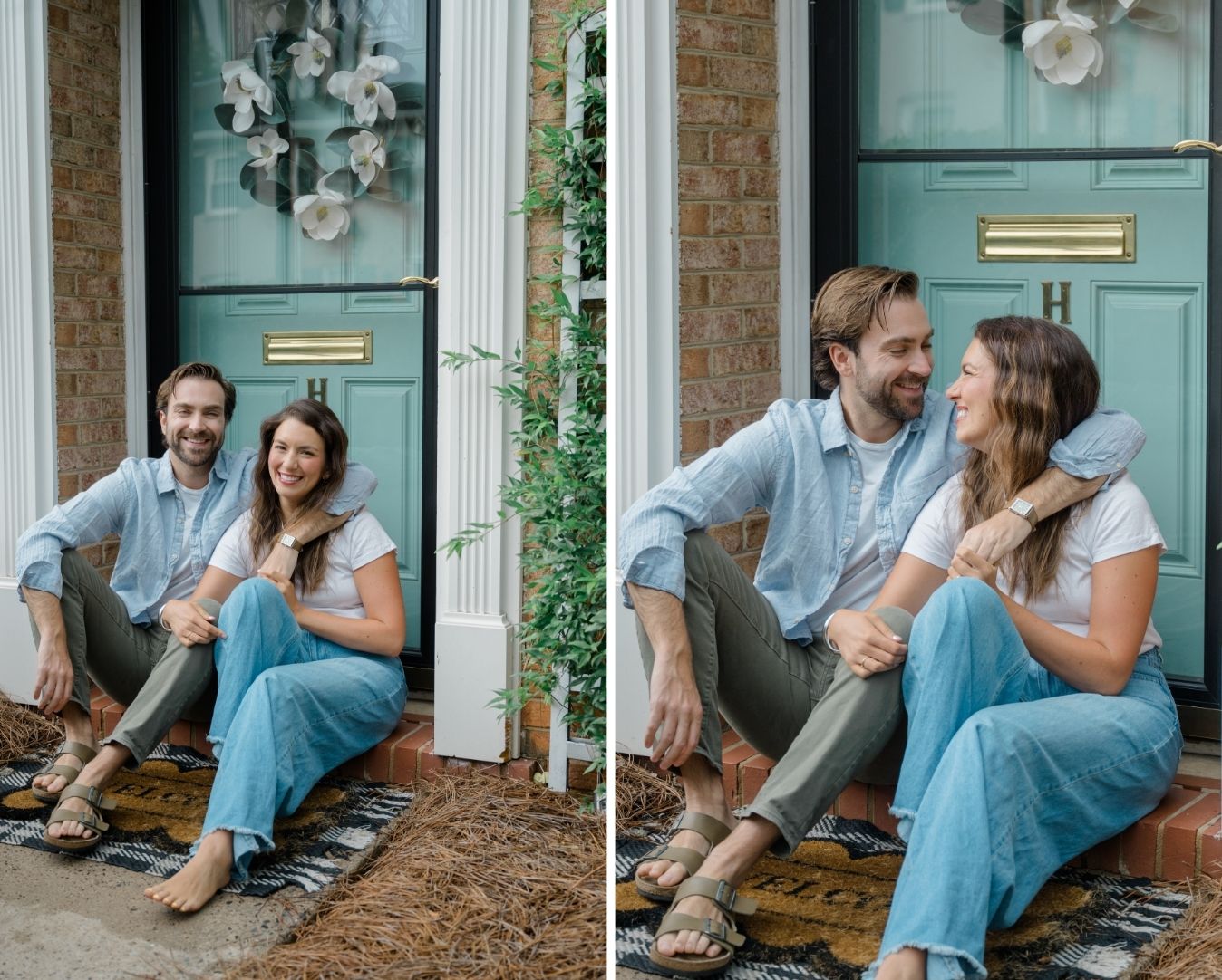 Husband and wife sitting barefoot on their front porch in Charlotte, NC during a farewell in-home photo session—left image shows them smiling at the camera, right image captures a sweet candid as they share a joyful moment outside their first home.