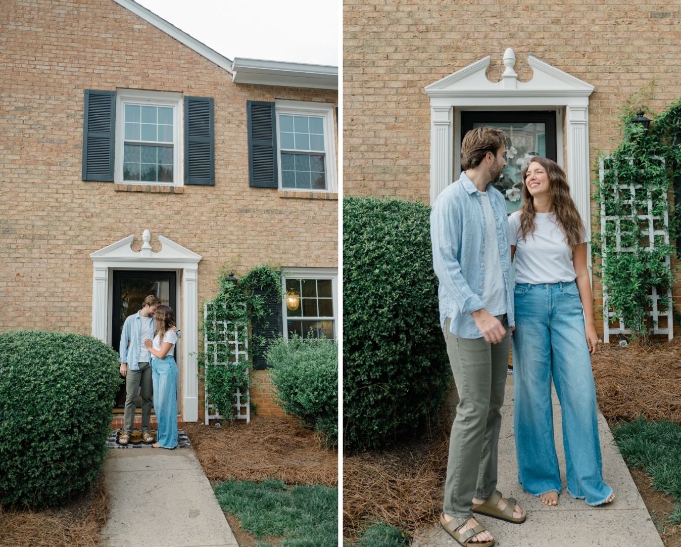Couple standing outside their Charlotte, NC townhouse during their farewell in-home photo session—left image shows them sharing a quiet forehead kiss at the front door, right image captures a candid moment of them smiling at each other on the walkway.
