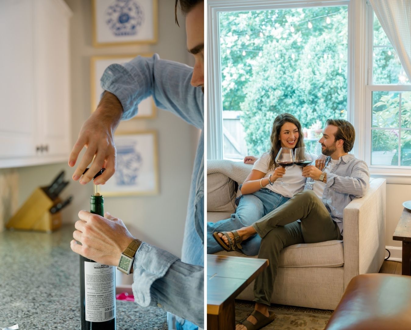 Couple sharing wine in their Charlotte home—left image shows the husband opening a bottle in the kitchen, right image captures the pair smiling and toasting on their living room couch during a cozy in-home photo session.