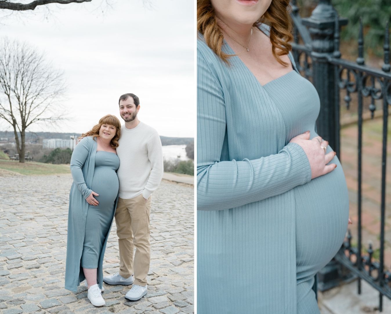 Split image: one side shows the pregnant mother and father smiling at the camera, the other is a close-up of her baby bump and blue ribbed dress.