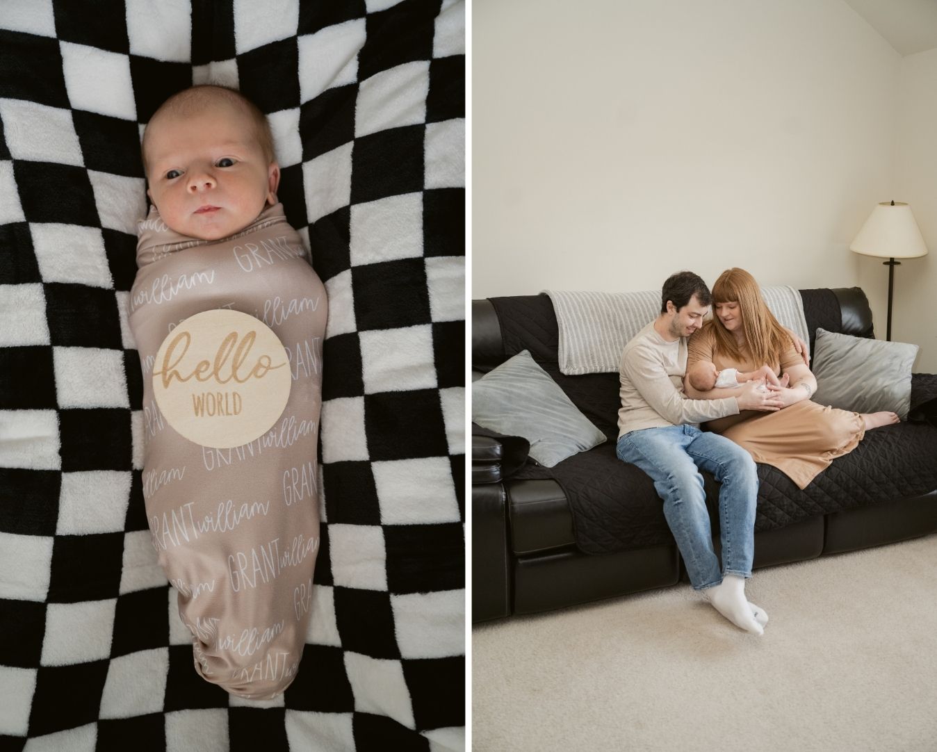 Two-week-old baby Grant sleeps peacefully next to a wooden "Hello World" sign during his in-home newborn session in Mechanicsville, VA.