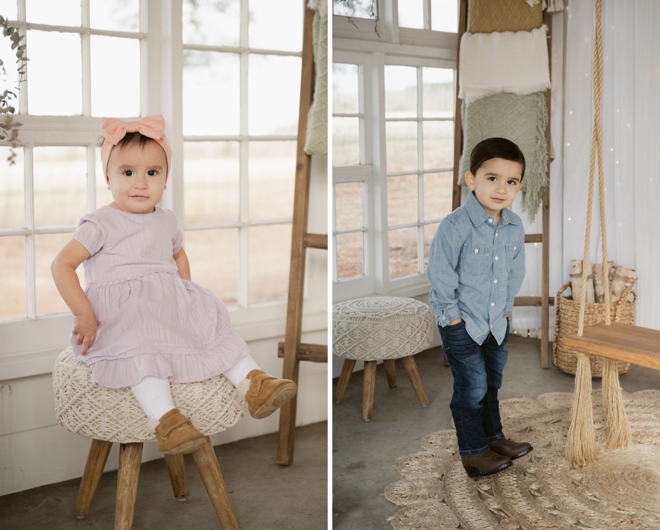 Young daughter in a lavender dress and pink bow smiling while sitting on a bench indoors.