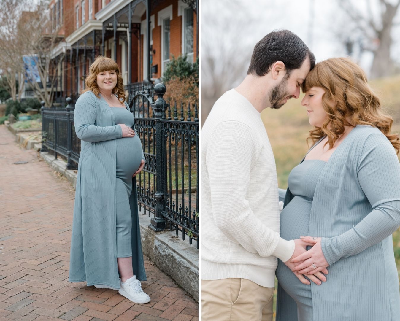Side-by-side portraits: mom-to-be stands alone on a brick sidewalk in front of a wrought iron fence, and another shot of the couple sharing an intimate moment with foreheads touching.